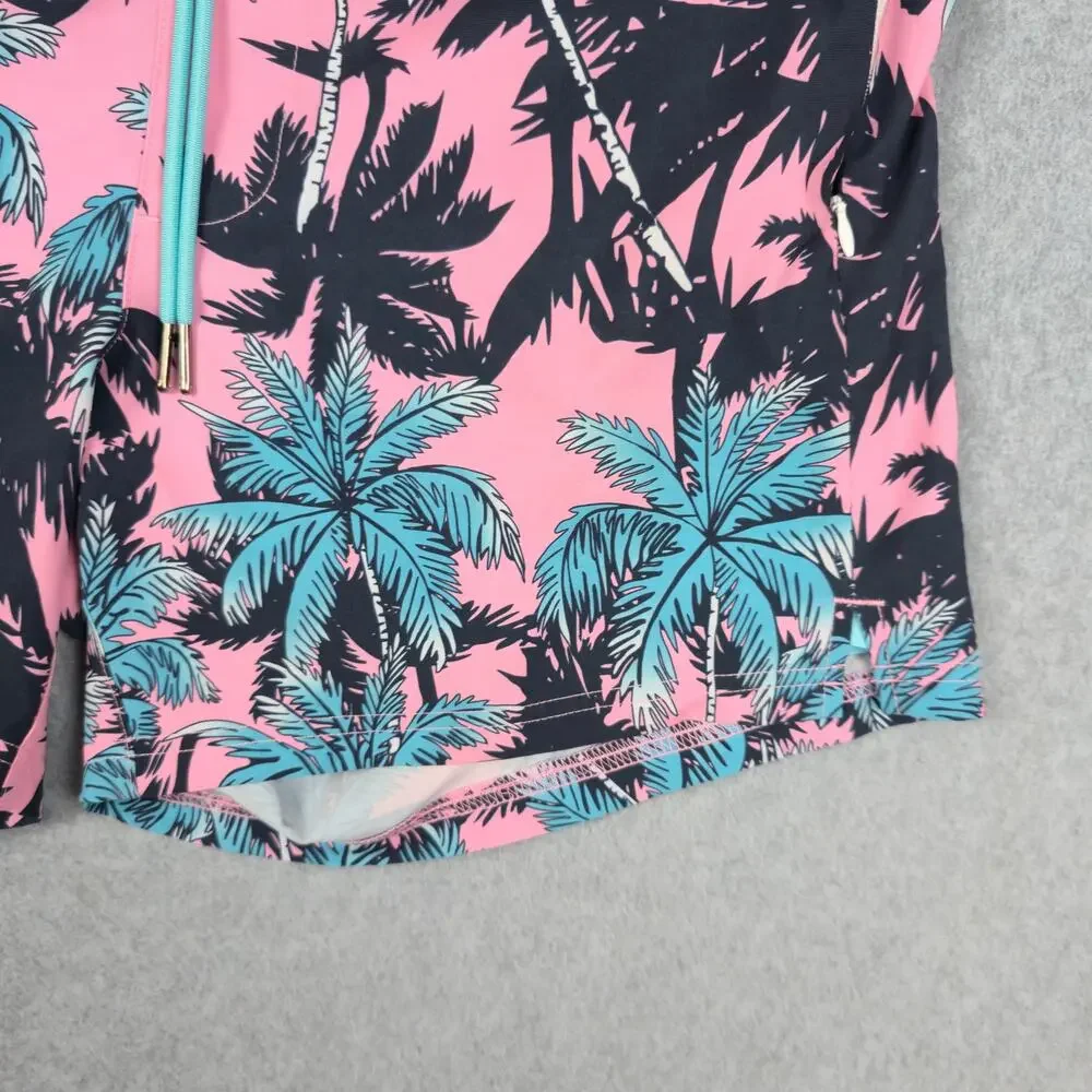 SURFCUZ Mens Medium Pink Swim Trunks Black Blue Palm Tree Pattern Drawstring